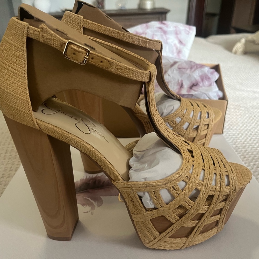 NWT Jessica Simpson Tan Woven Platform T-Strap Wedge Heels